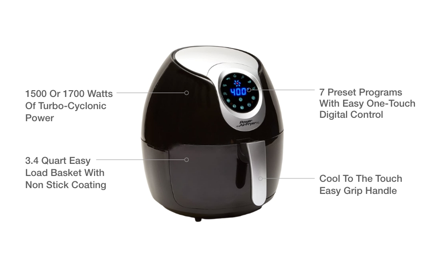 The PowerTurbo Cyclonic Airfryer is a versatile kitchen appliance that can cook up all your favorite meals with less oil, thanks to its powerful air-circulation technology. PowerTurbo Cyclonic Airfryer, versatile, favorite meals, less oil, powerful air-circulation technology.