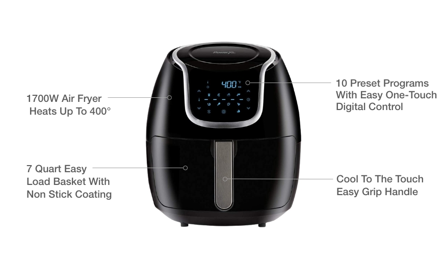 The PowerXL Vortex 7 QT is a powerful and versatile air fryer with a sleek black exterior, digital controls, and a non-stick frying basket. PowerXL Vortex, 7 QT, powerful, versatile, black exterior, digital controls, non-stick frying basket.