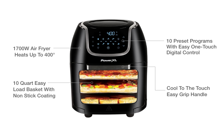 The PowerXL Vortex Air Fryer 10 QT is a high-capacity kitchen appliance with a powerful heating system, digital controls, and a non-stick frying basket.PowerXL Vortex Air Fryer, 10 QT, high-capacity, powerful heating system, digital controls, non-stick frying basket.