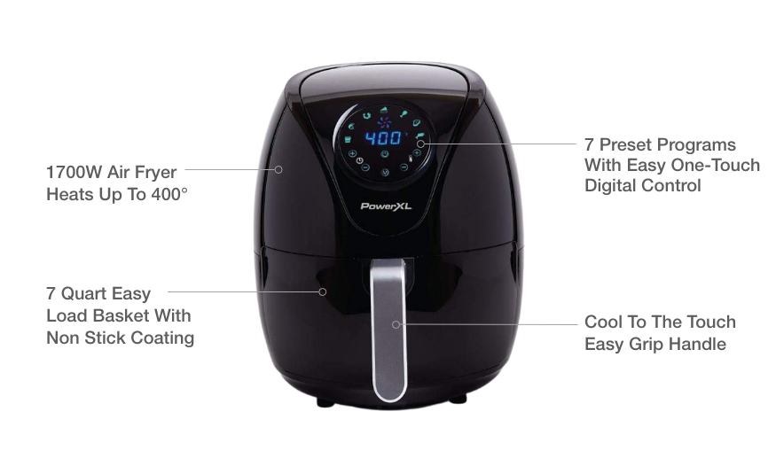 An image of the PowerXL Air Fryer 7 QT Maxx Classic, a large-capacity air fryer with digital controls and a non-stick frying basket. PowerXL Air Fryer, 7 QT, Maxx Classic, large-capacity, digital controls, non-stick.