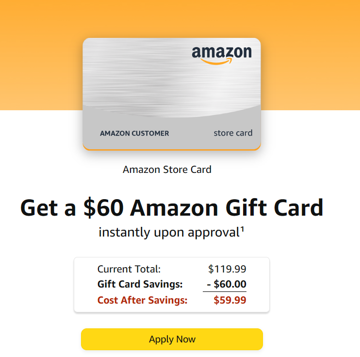 Apply for the Amazon Prime Store Card and get $60 off your first purchase! This image features a banner advertising the offer with the details prominently displayed. Amazon Prime Store Card, $60 off, first purchase, banner.