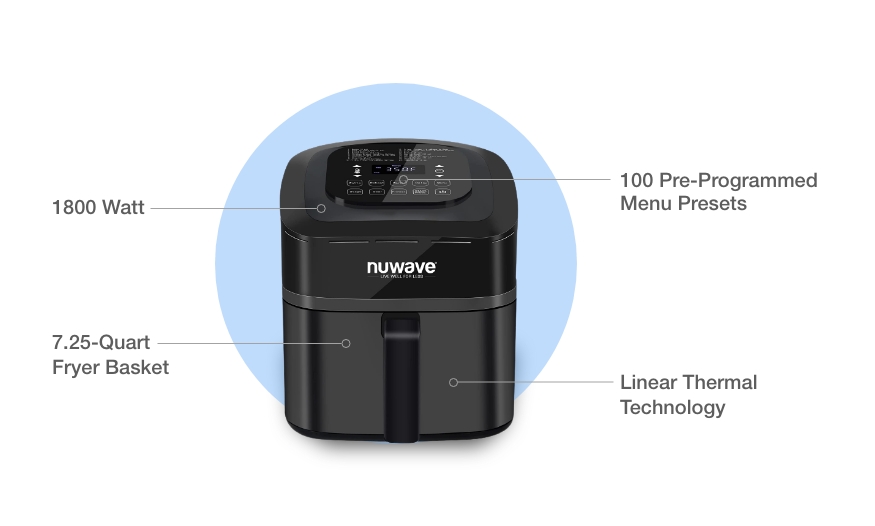The image shows a Nuwave Brio 7.25-Qt. Air Fryer, which is a versatile 7-in-1 oven designed for air frying, roasting, grilling, baking, broiling, reheating, and dehydrating. The image showcases the sleek design of the air fryer, with a digital display, temperature and time controls, and a large cooking basket.