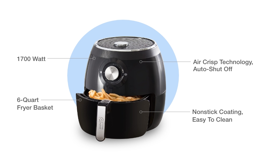 The Dash Deluxe Black Air Fryer is a premium product with a 6-quart capacity and aircrisp technology, allowing you to cook your favorite dishes with less oil. With 6 heating elements and dual thermostats, this air fryer provides precise temperature control and ensures even cooking. The auto shut-off function adds to the convenience of this air fryer, while the included rotisserie skewer and accessories allow you to make delicious rotisserie dishes right on your countertop. Get restaurant-quality food at home with the Dash Deluxe Black Air Fryer.