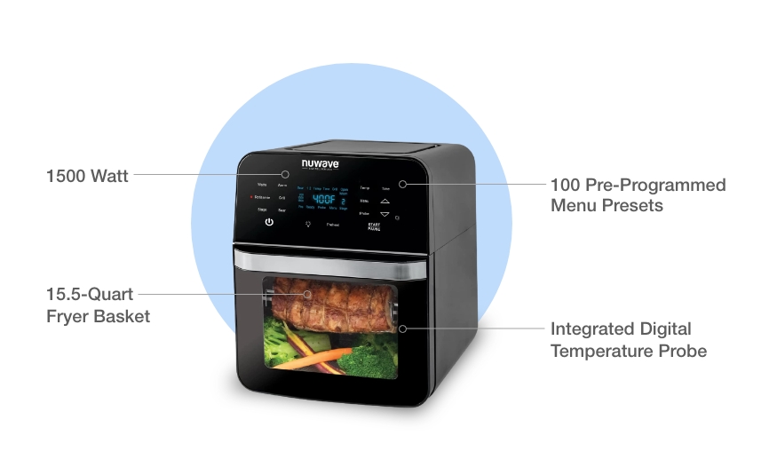 Revolutionize your cooking with the NUWAVE Brio Air Fryer Smart Oven! With an impressive 15.5-quart capacity, this versatile kitchen appliance offers smart cooking options like air frying, baking, roasting, grilling, broiling, reheating, and dehydrating. 