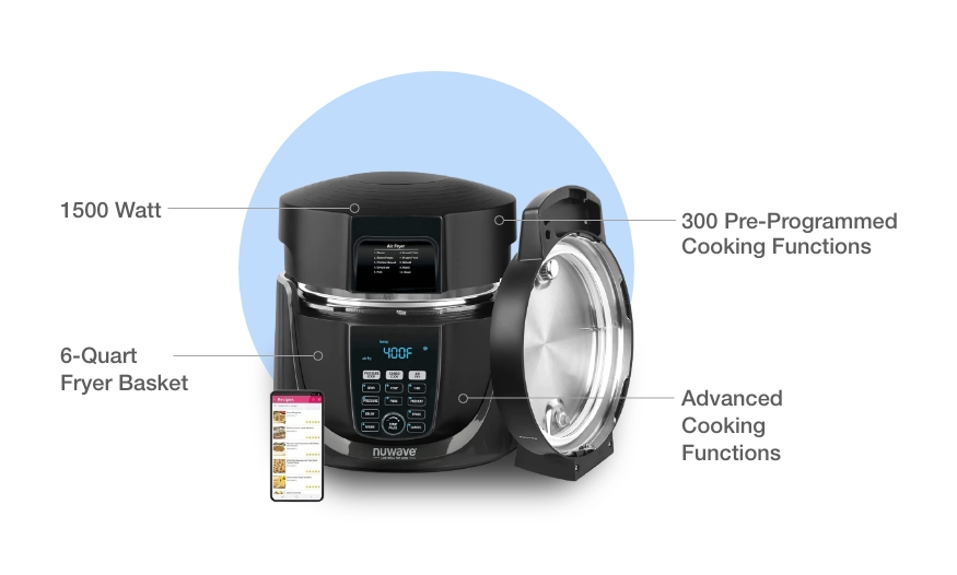 Experience the ultimate kitchen convenience with the NuWave Duet Pressure Cook and Air Fryer Combo. This versatile kitchen appliance combines the power of pressure cooking and air frying in one compact unit. With its advanced features and intuitive controls, you can easily prepare delicious meals in less time without sacrificing flavor or nutrition.
